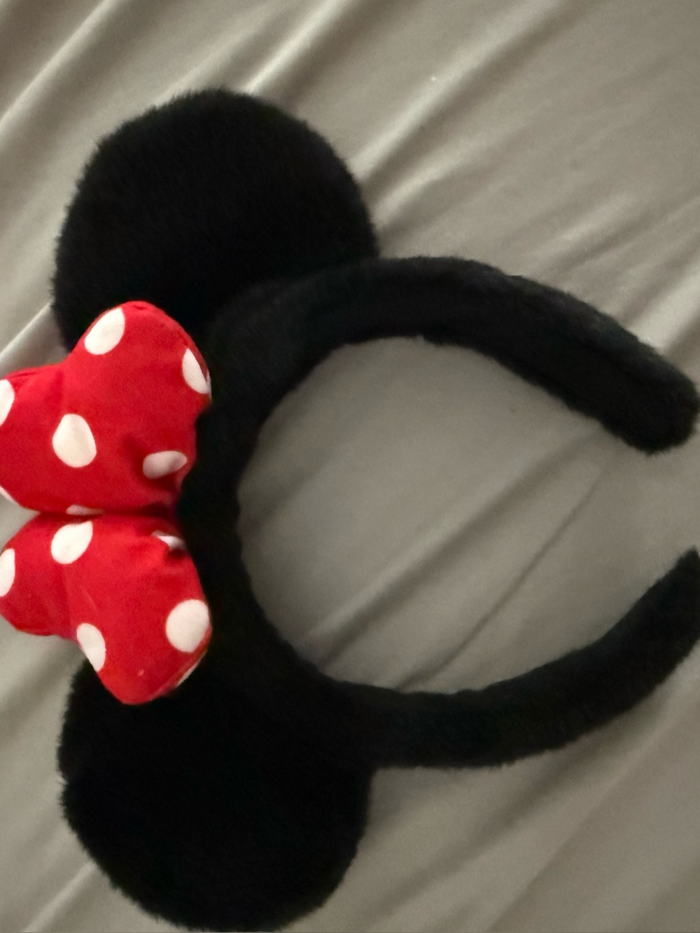 Black Fuzzy Minnie-Style Ear Headband with Red Polka Dot Bow